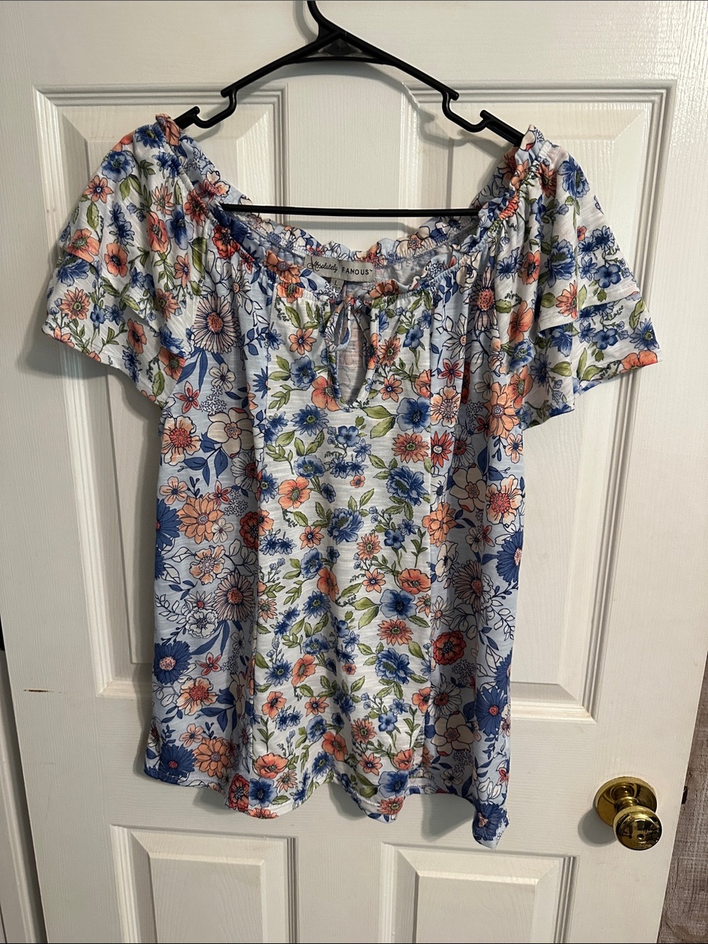 Absolutely Famous White  Floral Blouse with Blue & Peach Flowers